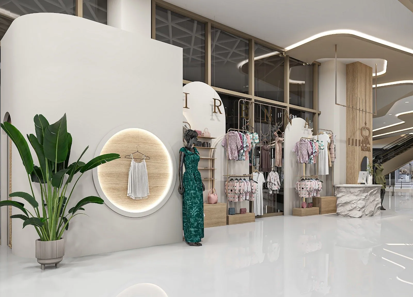 Circular backlit timber display niche beside a mannequin