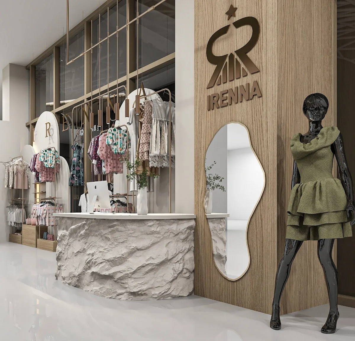 Boutique counter in textured stone beside a veneer pillar carrying the shop logo