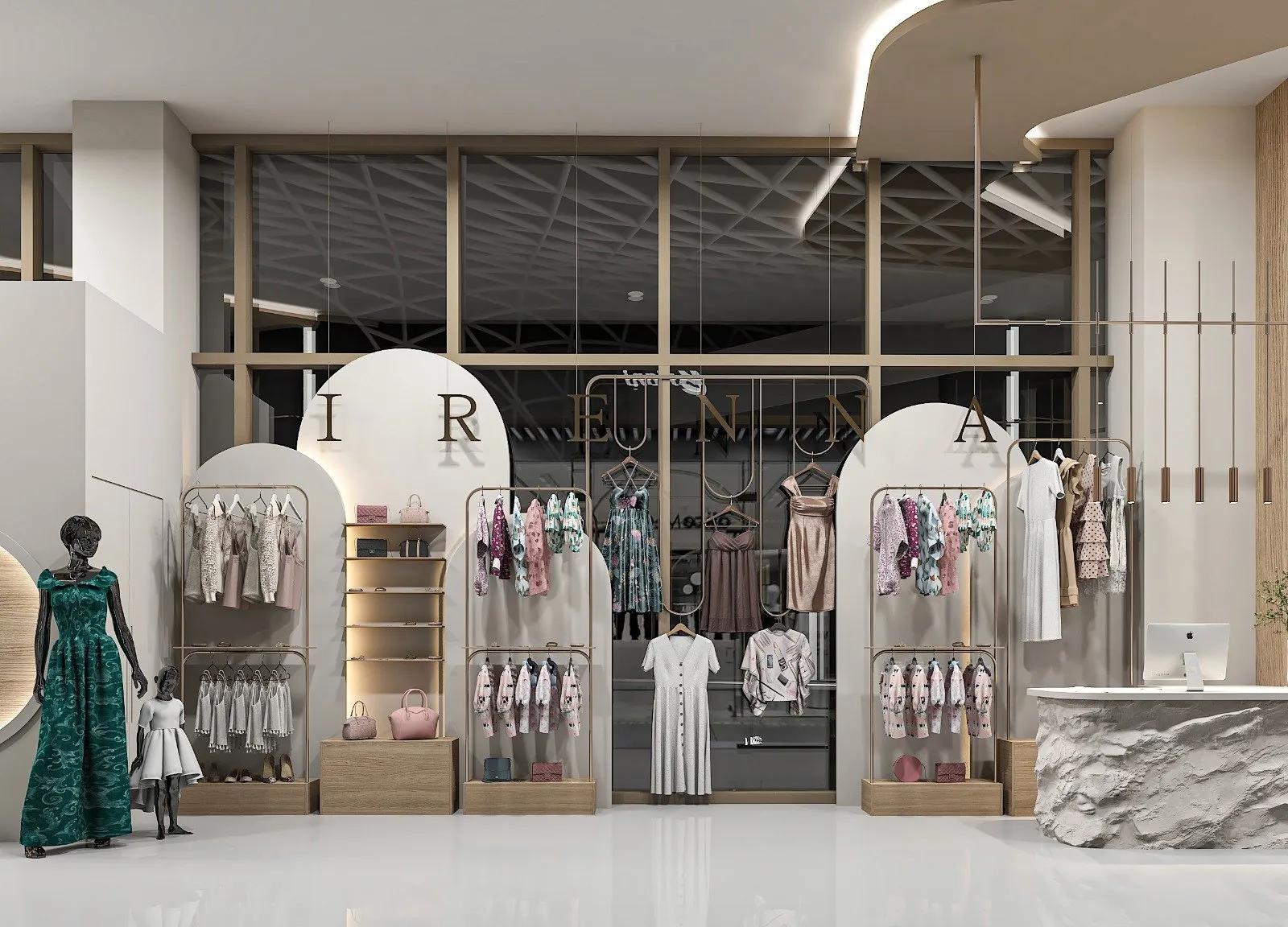 Boutique interior with arched display niches and brass rails