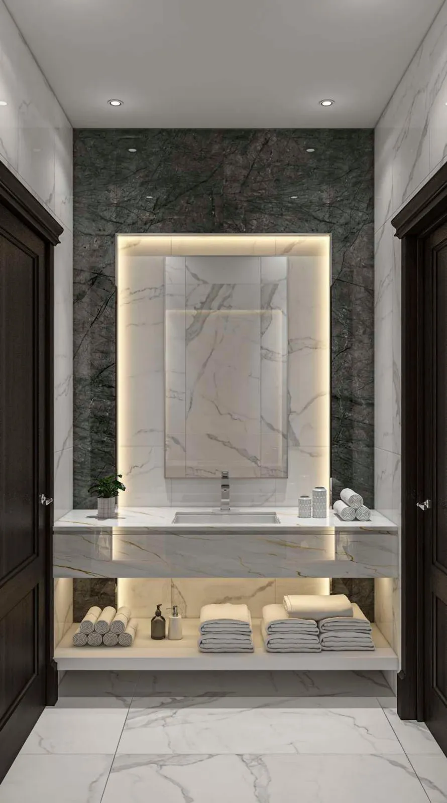 Washroom with a dark marble feature wall, backlit mirror and floating vanity