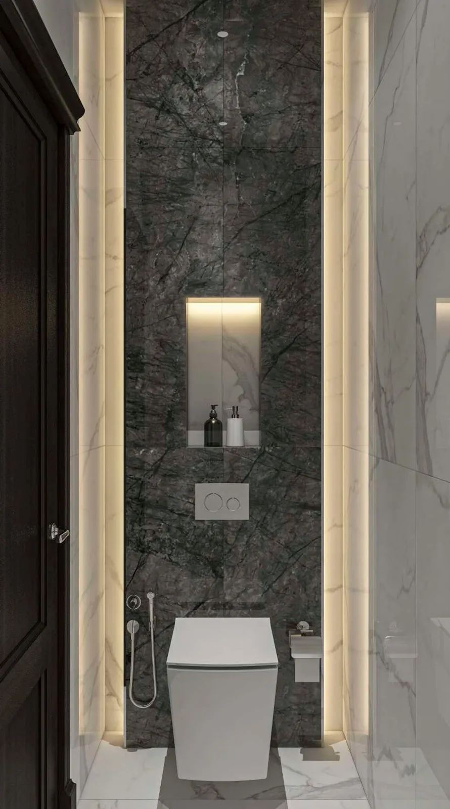 WC bay in dark marble with an illuminated marble panel behind
