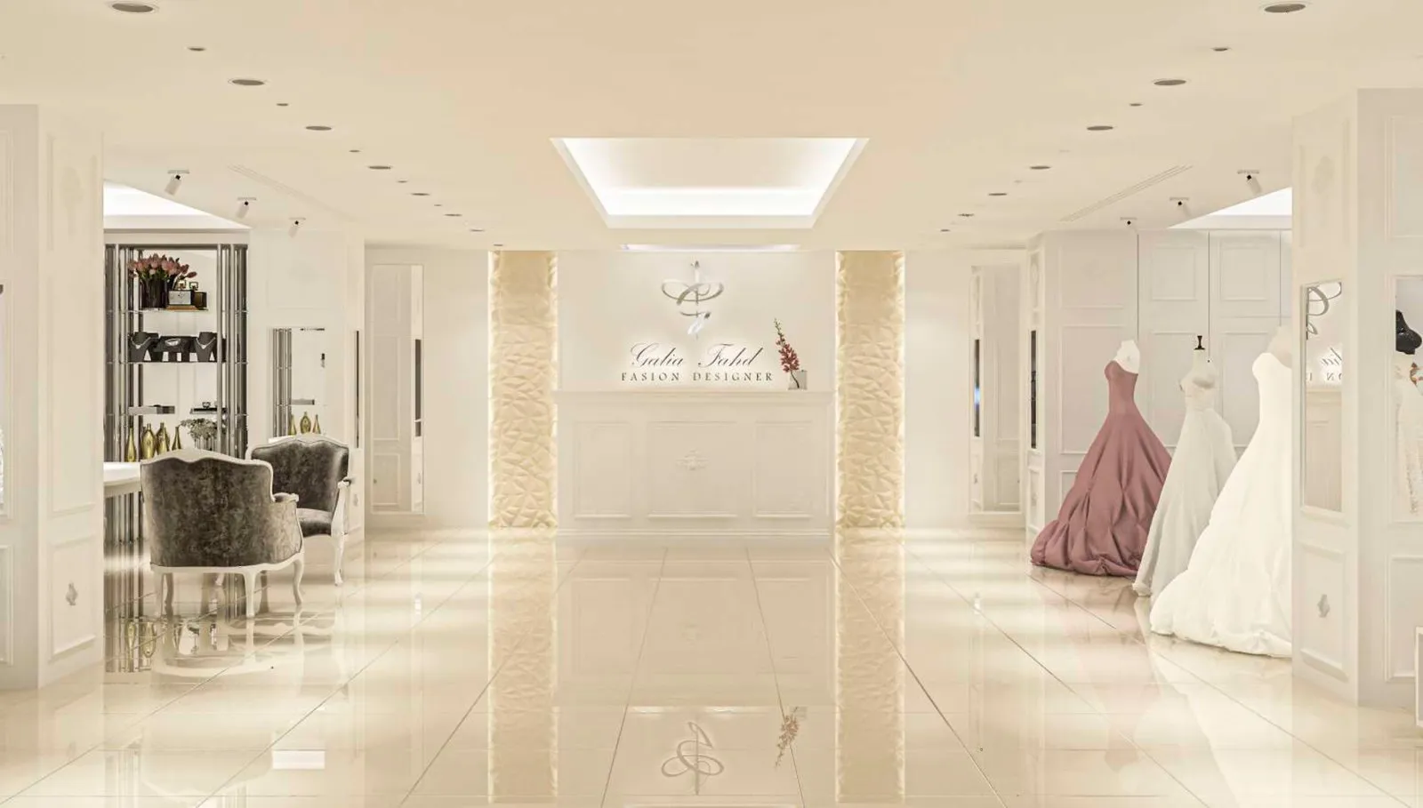 Gown display against a feature wall with cream marble flooring