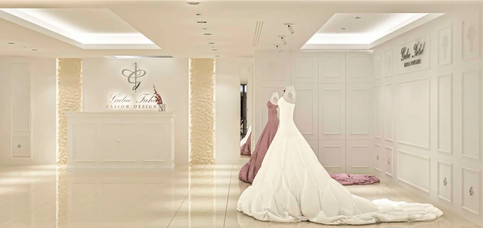 Bridal gown displayed on a feature wall between fluted panels