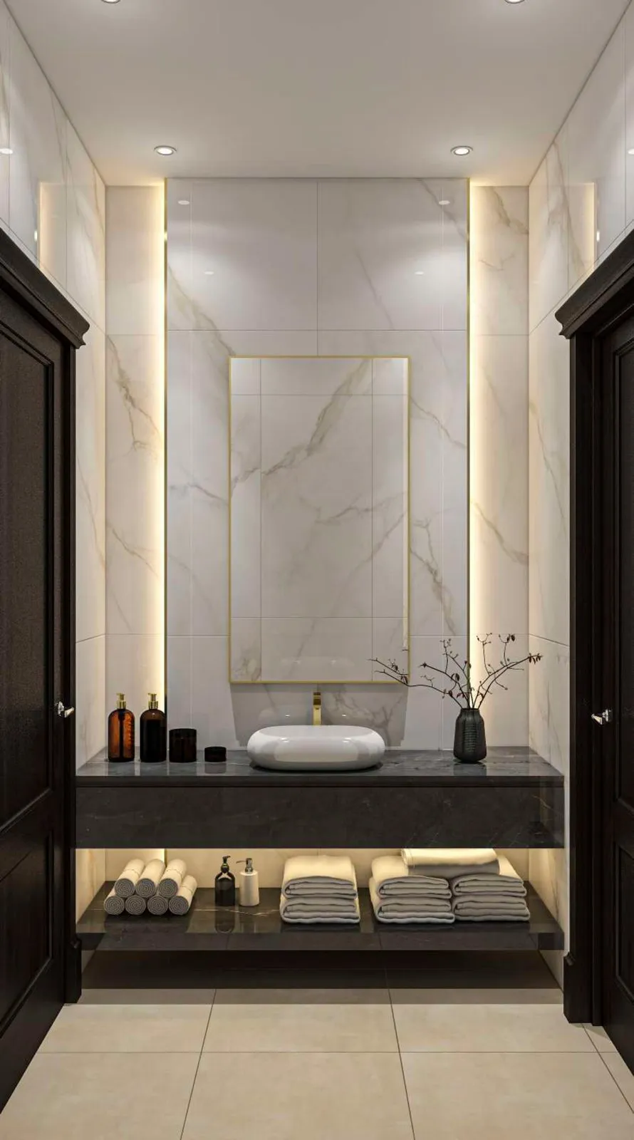 Washroom in pale marble with a backlit mirror over a dark stone vanity