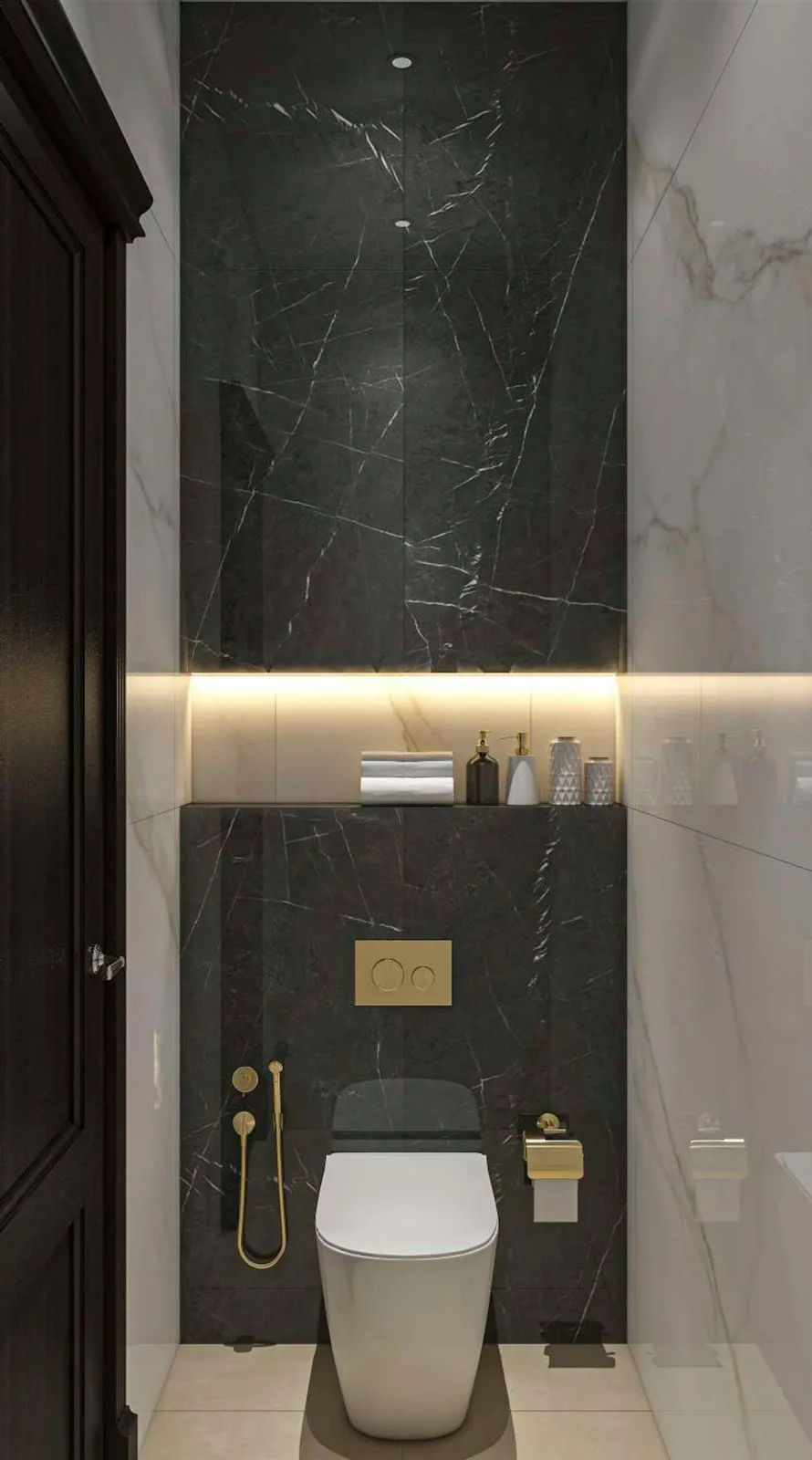 WC bay in black marble with brass fittings