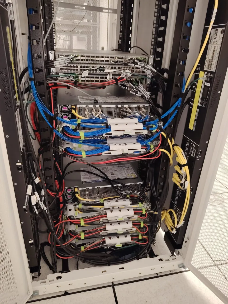 Patch panels and colour coded structured cabling dressed into a rack