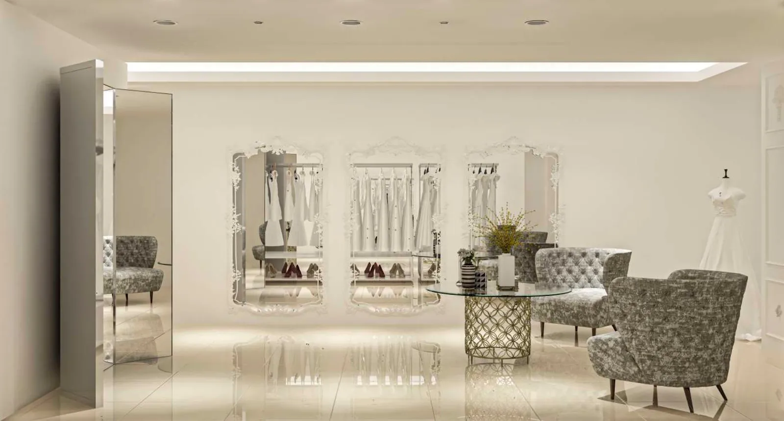 Seating group of patterned armchairs beside gown rails