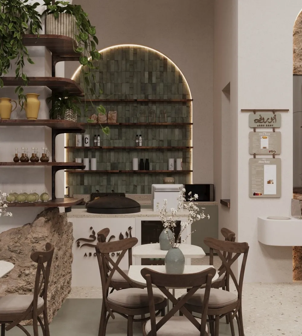 Service counter under a green zellige tiled arch with open timber shelving