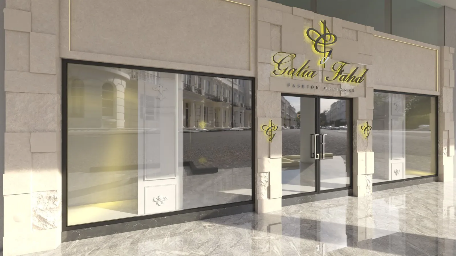 Boutique shopfront in stone with an illuminated wordmark and black framed glazing